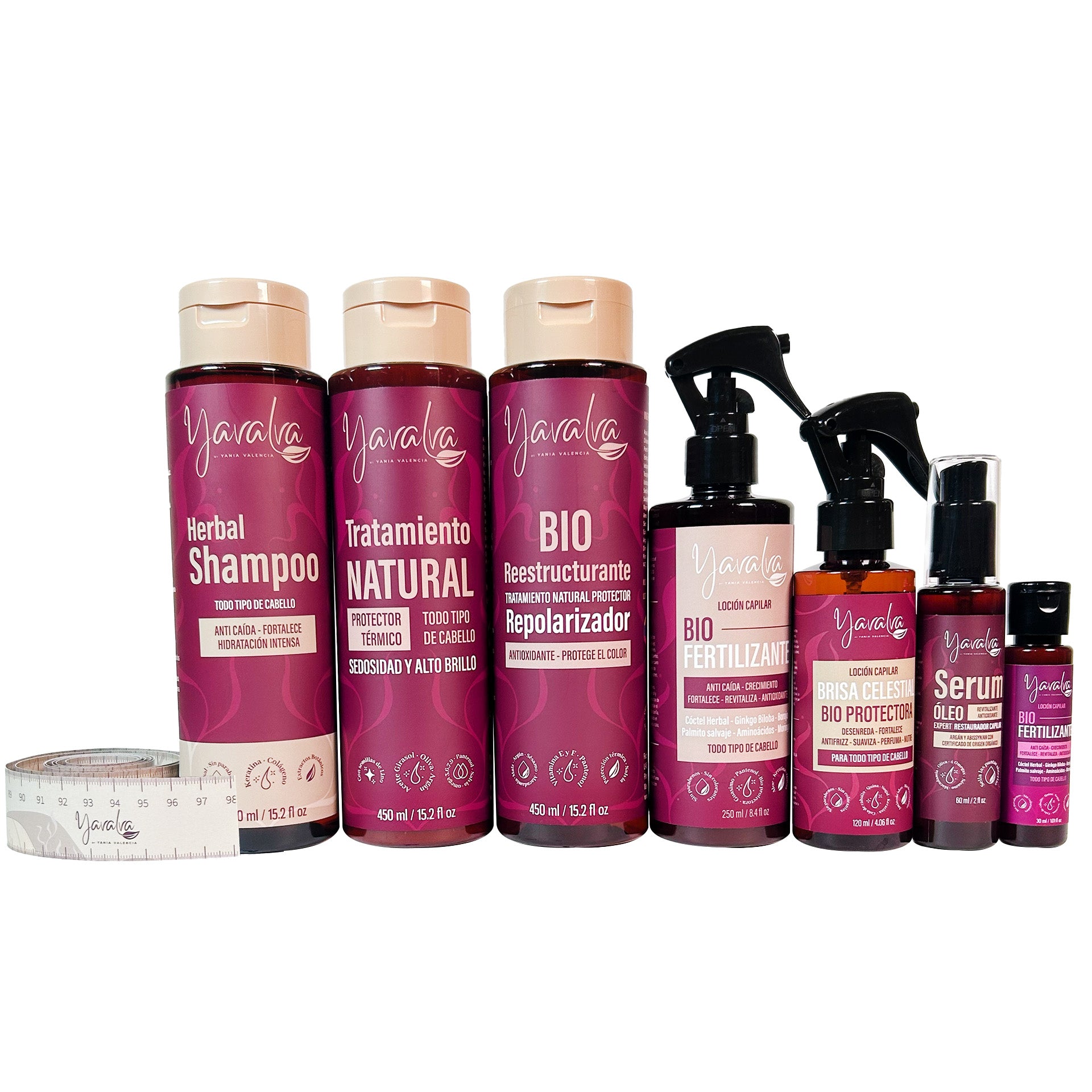 Yavalva Shampoo Herbal, Yavalva Bio Reestructurante, Yavalva Tratamiento Natural, Yavalva Bio Fertilizante, Yavalva Brisa Celestial, Yavalva Serum Restaurador. + Metro - Yavalva Kit Método 3×3 Avanzado para Todo Tipo de cabellos (7 Pack)